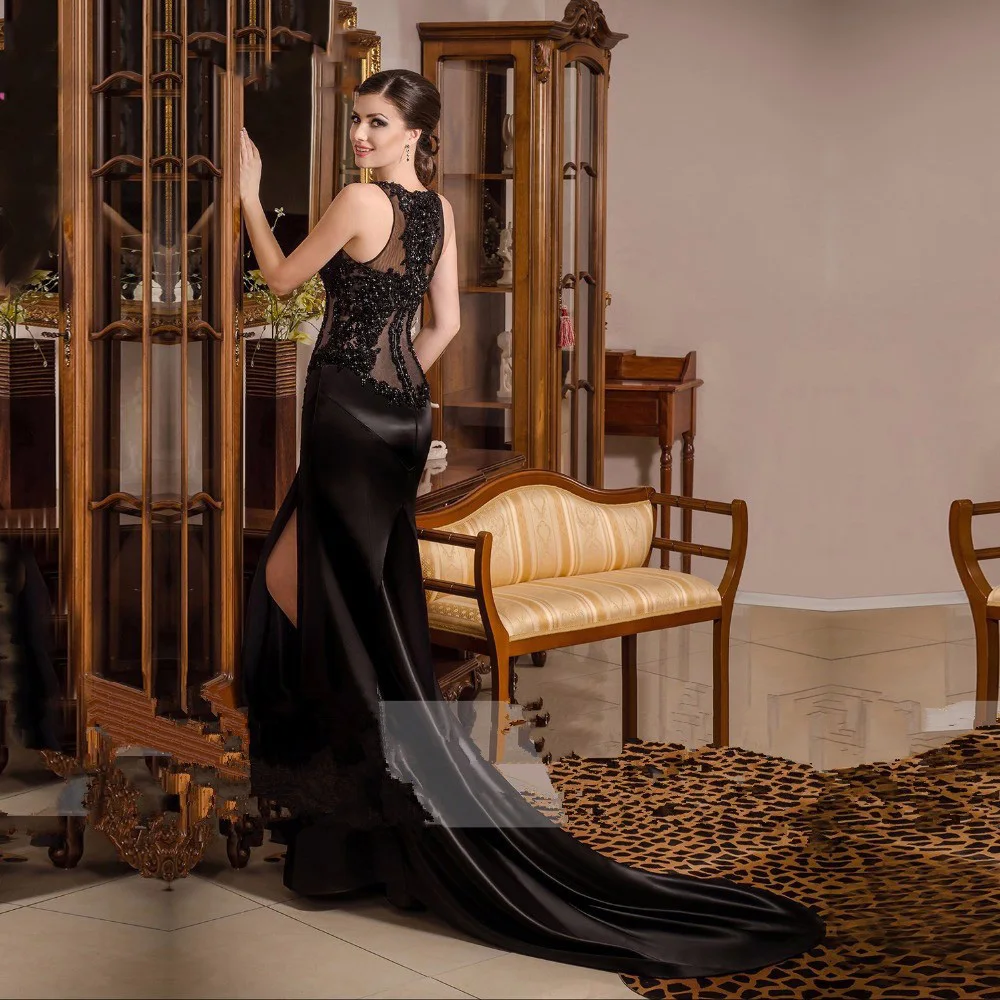 2017 Новый Спинки Sexy Русалка Пром Платья Черный Длинное Вечернее Dress С Аппликация