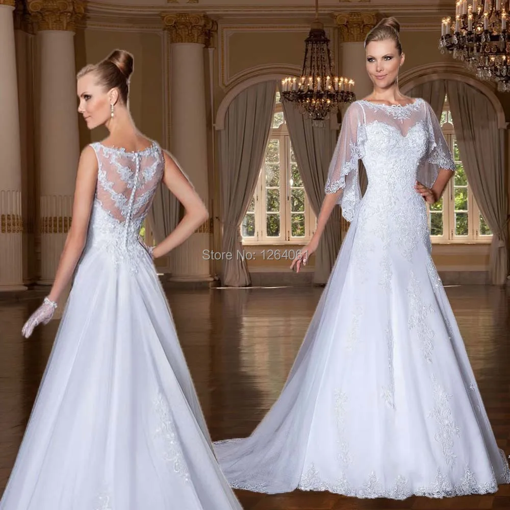Sexy Vintage Custom Made A-Line Scoop With Sleeve Jacket Sheer Long White Lace Wedding Dress Vestido De Casamento 2014 MF271
Sexy Vintage Custom Made A-Line Scoop With Sleeve Jacket Sheer Long White Lace Wedding Dress Vestido De Casamento 2014 MF271