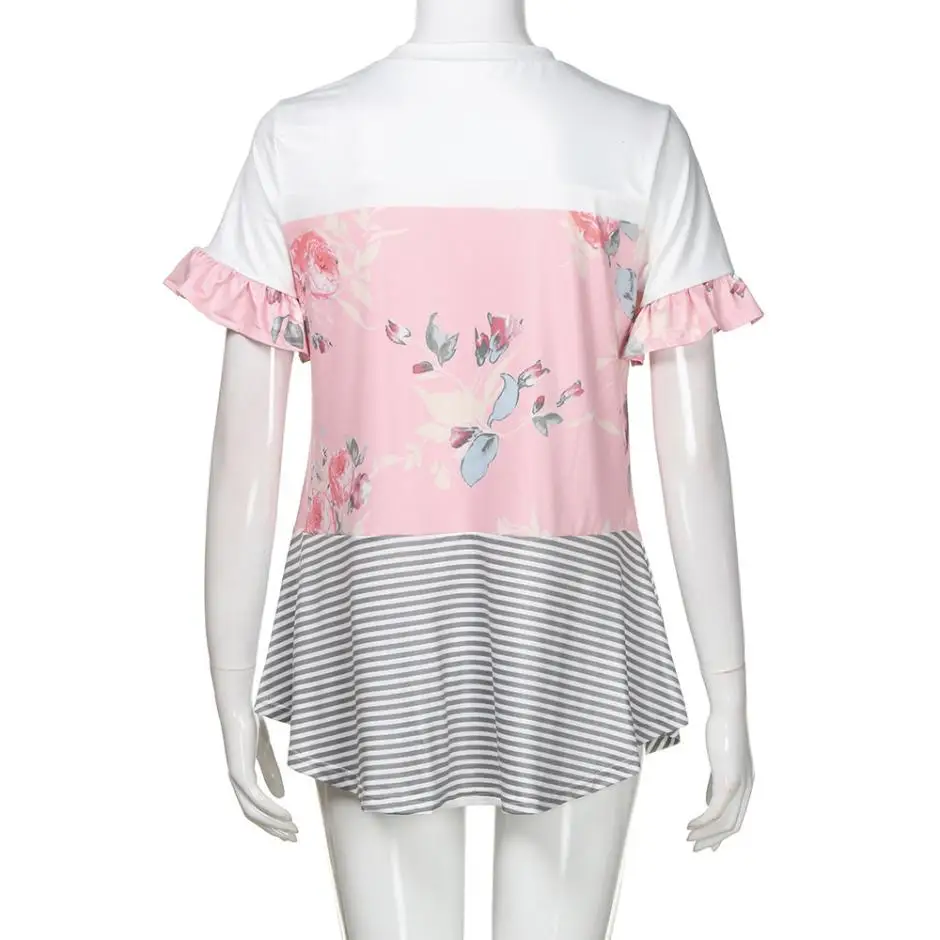 Women Short Sleeve Blouse Summer O Neck Casual Ruffles Striped Printed Patchwork Shirt Blouse Top Summer Pink Fashion
Women Short Sleeve Blouse Summer O Neck Casual Ruffles Striped Printed Patchwork Shirt Blouse Top Summer Pink Fashion