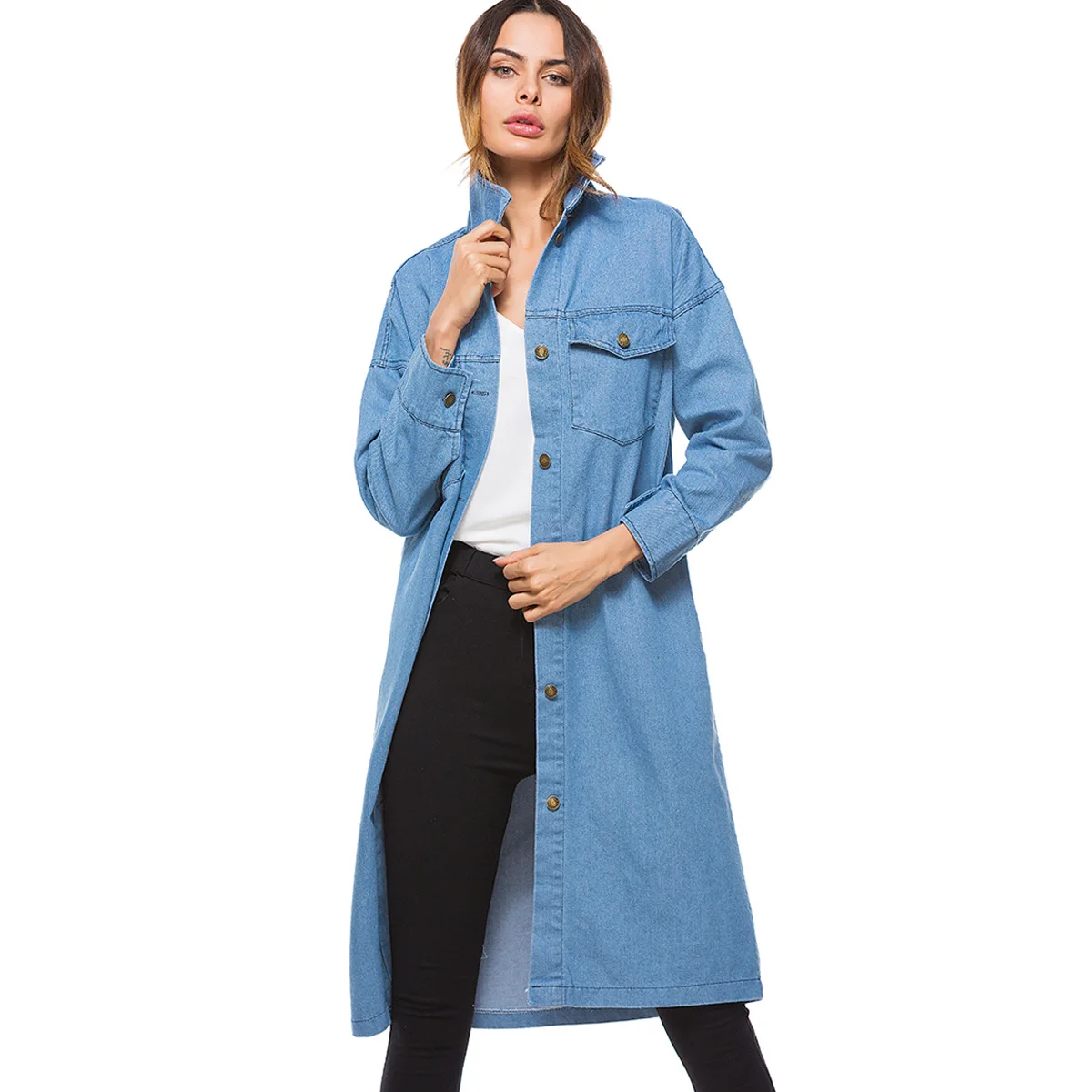2021 Autumn winter women tops Casual Loose X-Long Denim Trench Coat Female blue Denim Overalls One size Long sleeve Denim Coat
2021 Autumn winter women tops Casual Loose X-Long Denim Trench Coat Female blue Denim Overalls One size Long sleeve Denim Coat