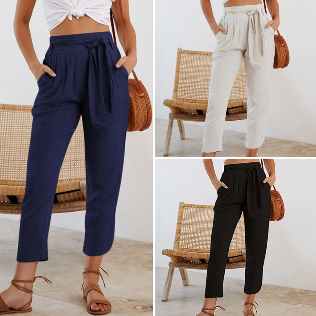 Fashion solid color strap pocket cotton pants women's and trousers cotton high waist trousers ladies pants 40*