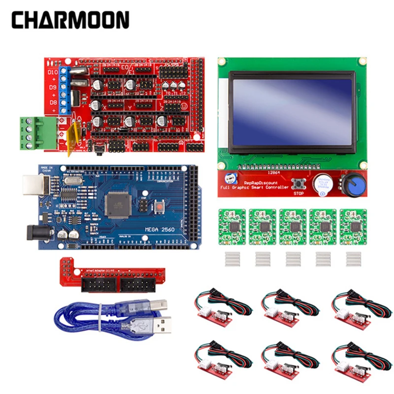 Комплект для 3D-принтера Arduino Mega 2560 R3 + контроллер RAMPS 1,4 + ЖК-дисплей 12864 + 6 концевых выключателей + 5 шаговых драйверов A4988
Комплект для 3D-принтера Arduino Mega 2560 R3 + контроллер RAMPS 1,4 + ЖК-дисплей 12864 + 6 концевых выключателей + 5 шаговых драйверов A4988