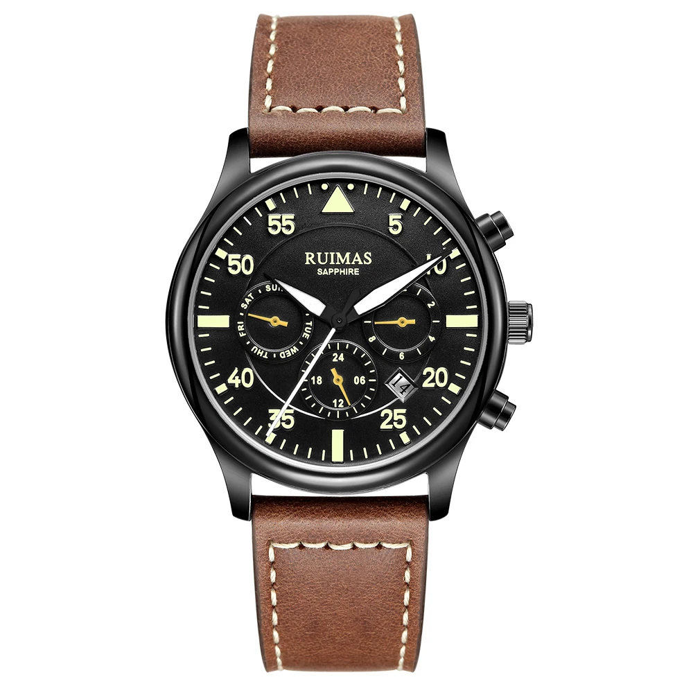 RUIMAS Men Chronograph Automatic Mechanical Watches Business Sapphire Glass Crystal Luminous Military Wristwatch with Leather
RUIMAS Men Chronograph Automatic Mechanical Watches Business Sapphire Glass Crystal Luminous Military Wristwatch with Leather