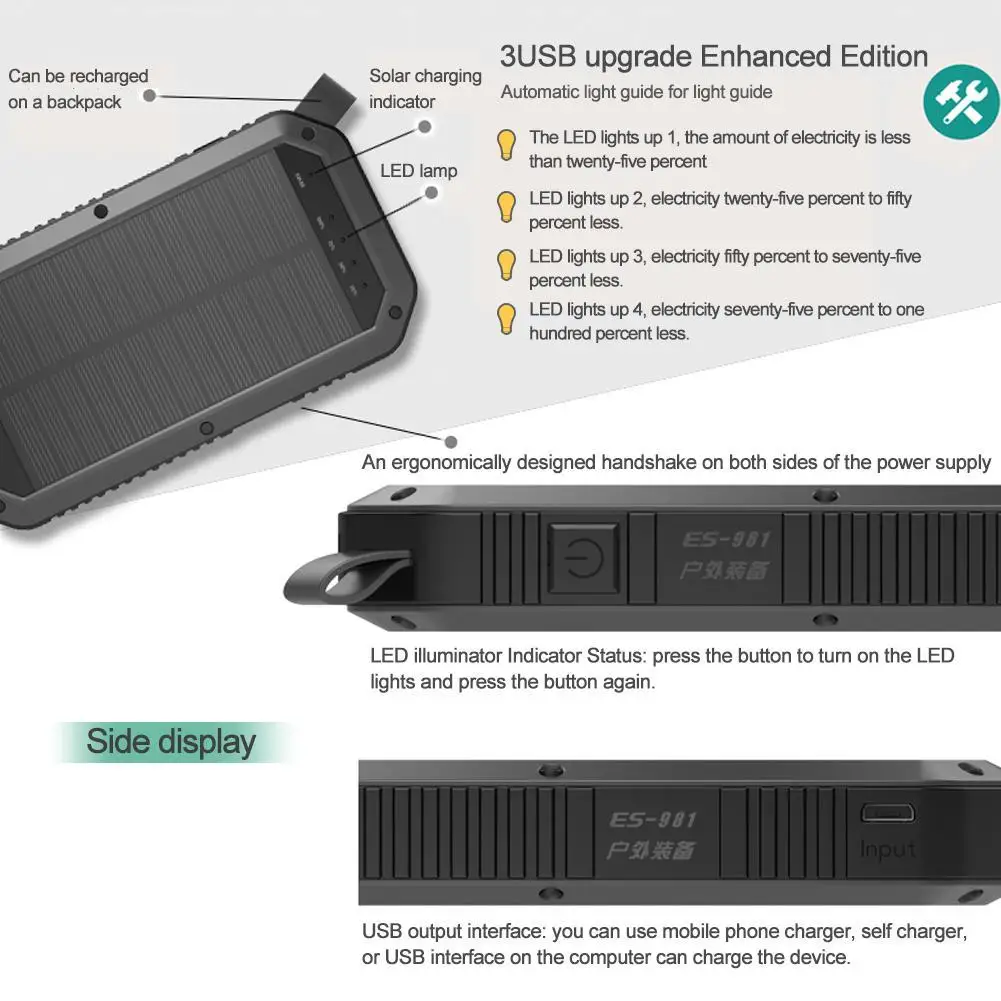 8000mAh Portable LED Solar Power Camping Light Mobile Wireless Charger 3 USB Solar Panel Mobile Power Bank Ip65
8000mAh Portable LED Solar Power Camping Light Mobile Wireless Charger 3 USB Solar Panel Mobile Power Bank Ip65