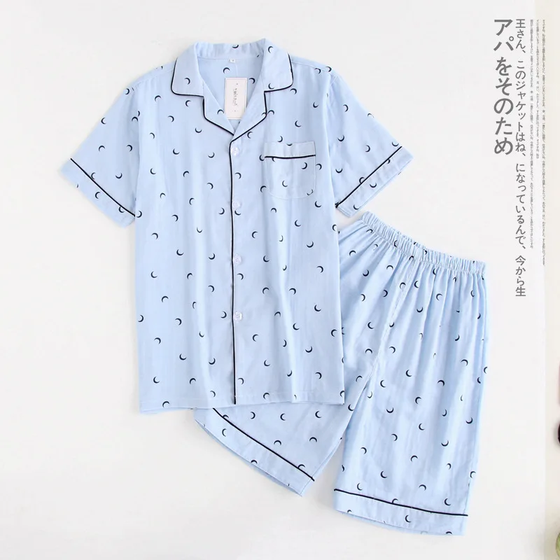 Couple Pajamas set gauze Cotton Moon pijamas Women&Men pyjamas Short Sleeve Autumn Spring 2pcs Sleepwear Lounge Wear |