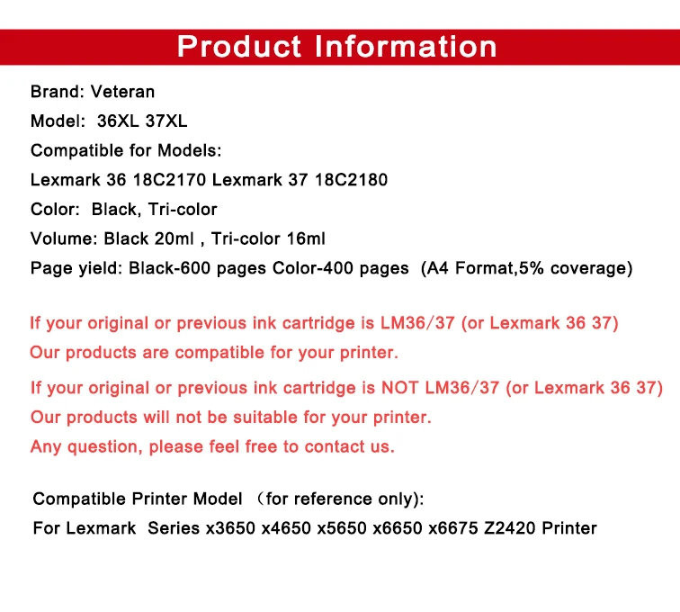 Veteran Compatible For Lexmark 36 37 Ink Cartridge Lexmark 36XL 37XL For Lexmark x3650 x4650 x5650 x6650 x6675 Z2420 Printer
Veteran Compatible For Lexmark 36 37 Ink Cartridge Lexmark 36XL 37XL For Lexmark x3650 x4650 x5650 x6650 x6675 Z2420 Printer