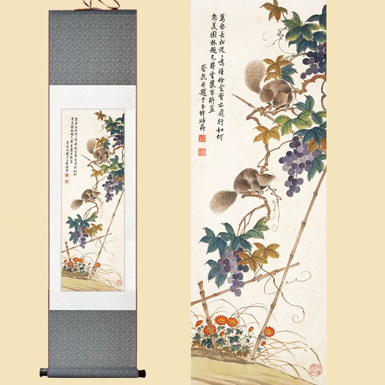 Chinese Silk Watercolor Flower Animals squirrel grapes daisy Feng Shui ink art wall picture damask framed scroll canvas painting | Дом и сад