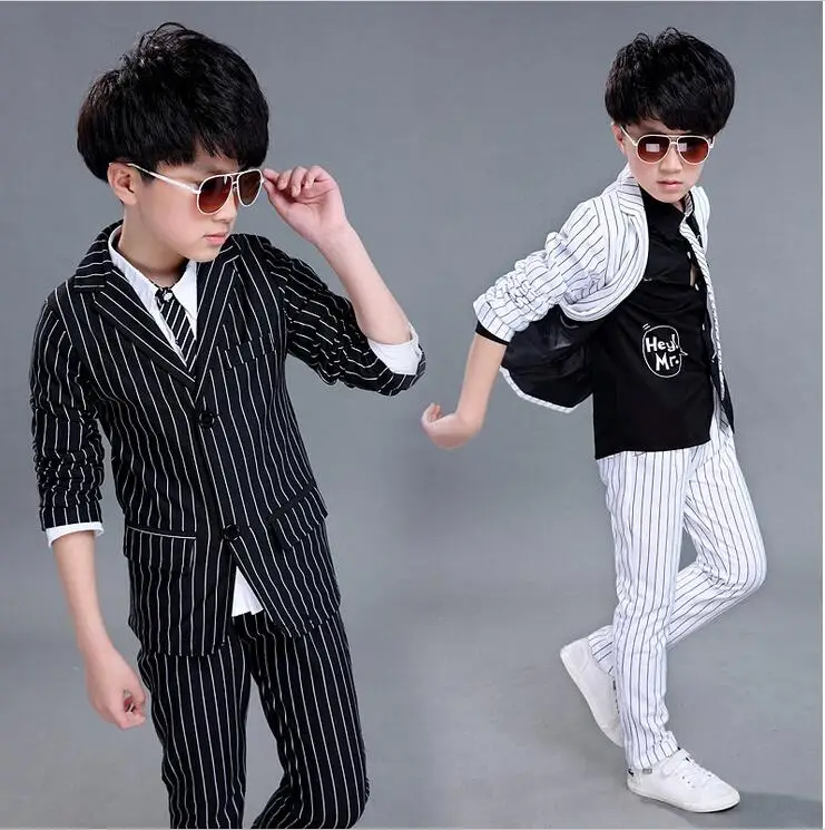 Однотонный костюм в черно белую полоску для мальчиков 2 шт.|boys formal suits|children suitboy suits
