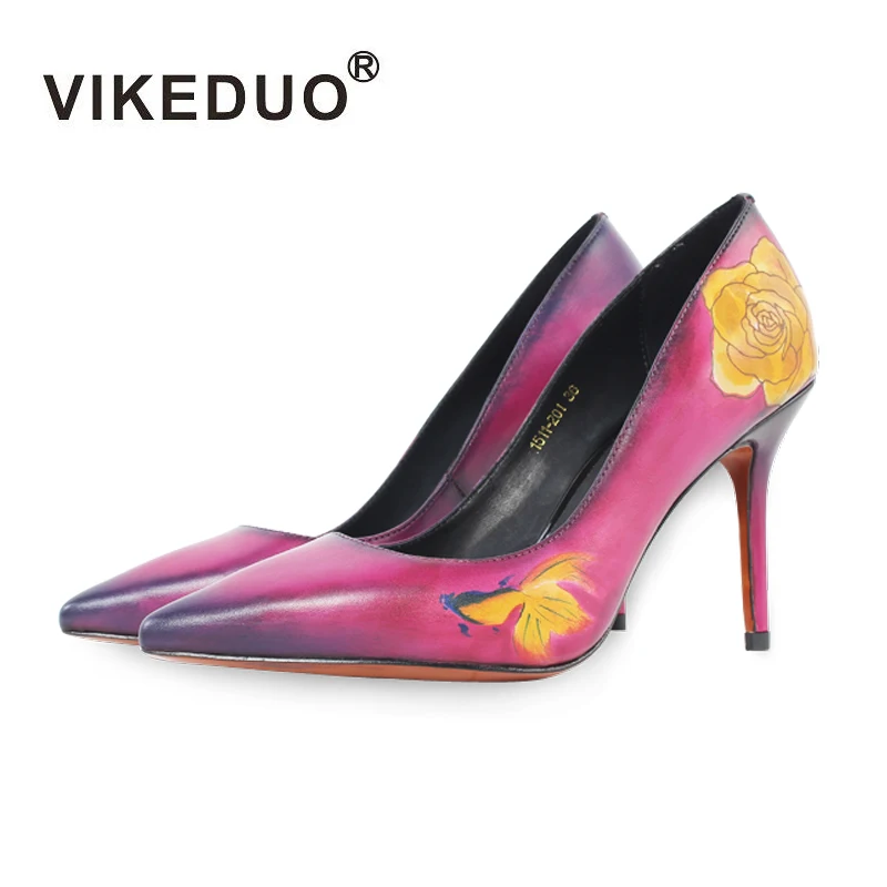 

Vikeduo 2019 Handmade New Sapato Feminino Genuine Flower Pattern Lady Shoes Hand Painted Original Design Women Thin High Heels