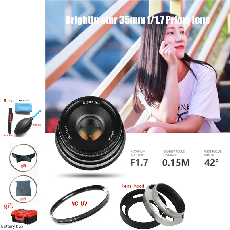 Brightin star 35 мм F1.7 объектив с большой диафрагмой для Sony E-mount Canon EOSM FX XA3 XA20 XT2 M4/3 A6300 A6500 M6, M5, M50, M100
Brightin star 35 мм F1.7 объектив с большой диафрагмой для Sony E-mount Canon EOSM FX XA3 XA20 XT2 M4/3 A6300 A6500 M6, M5, M50, M100