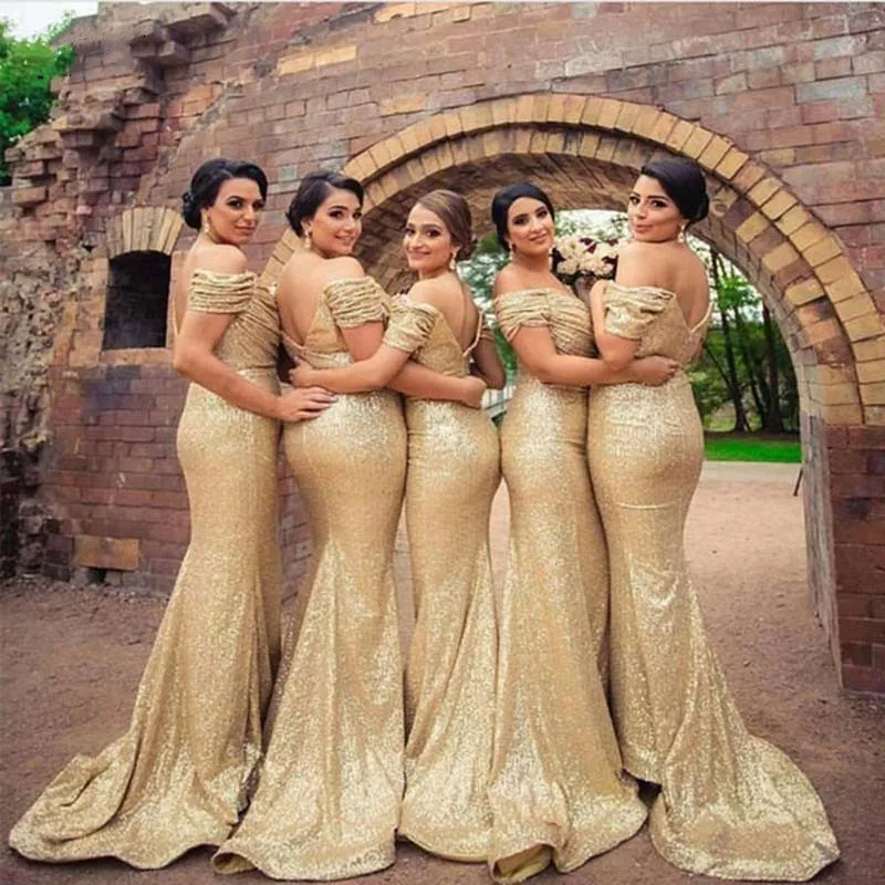 Платье подружки невесты русалки 2019 сексуальное расшитое блестками золотое