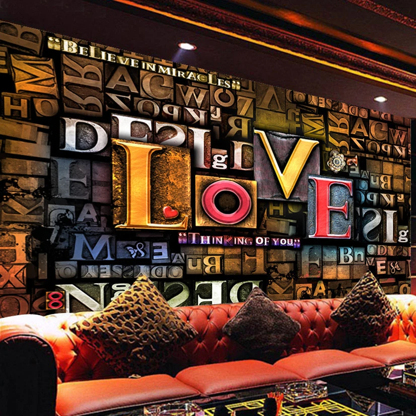 

Custom Photo Wall Paper 3D Stereoscopic Embossed Creative Fashion English Letters LOVE Restaurant Cafe Background Mural Decor