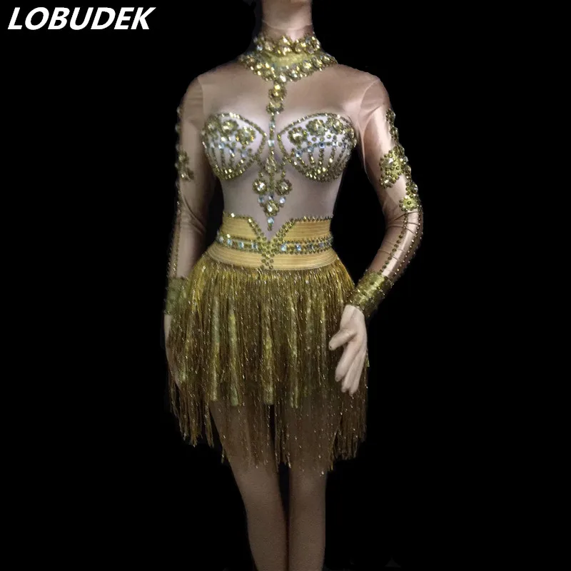 Glisten Rhinestones Gold Tassels Mini Dress Nightclub DJ Singer Elastic Long Sleeve Short Dress Jazz Dance Team Performance Wear
Glisten Rhinestones Gold Tassels Mini Dress Nightclub DJ Singer Elastic Long Sleeve Short Dress Jazz Dance Team Performance Wear