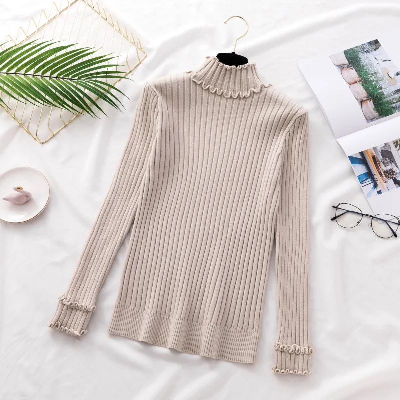 Maglie donna invernali Autumn Winter Women Pullover Sweaters Turtleneck Long Sleeve Ruffled Slim Chandail Femme Sweater damski | Женская