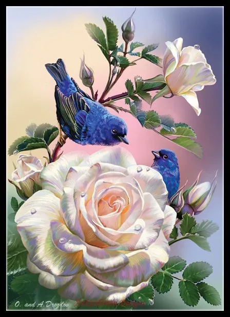 

Embroidery Counted Cross Stitch Kits Needlework - Crafts 14 ct DMC DIY art Color Handmade Decor - Roses and Blue Birds