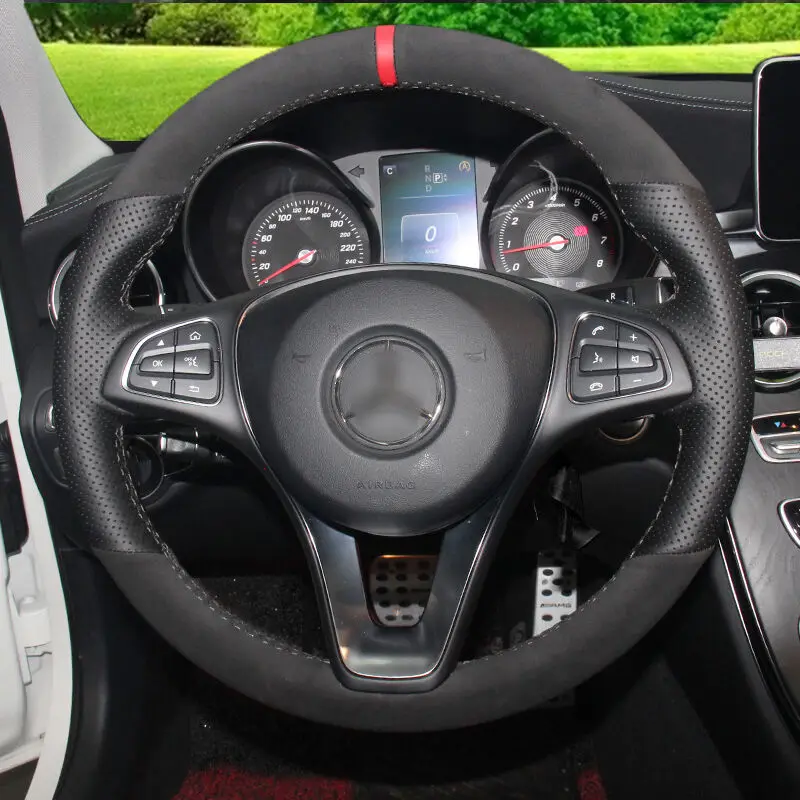 Black Genuine Leather Black Suede Red Marker Hand-stitched Car Steering Wheel Cover for Mercedes-Benz C180 C200 W205 C300 B200
Black Genuine Leather Black Suede Red Marker Hand-stitched Car Steering Wheel Cover for Mercedes-Benz C180 C200 W205 C300 B200