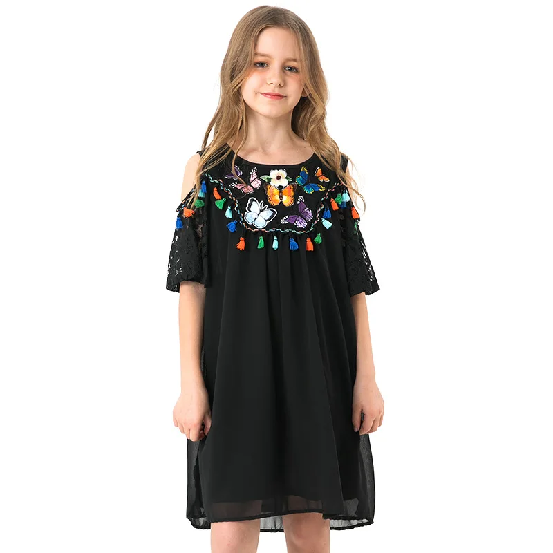Girls Black Chiffon Dress Summer Ethnic Style Children's Dresses Butterfly Pattern Shoulderless Kids Dress For Teen Girls 5-14y
Girls Black Chiffon Dress Summer Ethnic Style Children's Dresses Butterfly Pattern Shoulderless Kids Dress For Teen Girls 5-14y