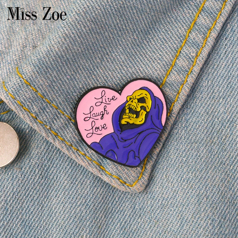 Live Laugh Love enamel pin Heart shape Skeleton Badge Brooch Lapel pin for Denim Jeans shirt bag Gothic Jewelry Gift for friend
Live Laugh Love enamel pin Heart shape Skeleton Badge Brooch Lapel pin for Denim Jeans shirt bag Gothic Jewelry Gift for friend