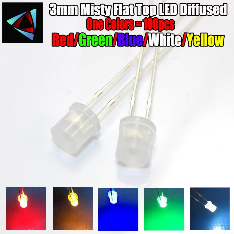 100pcs 3mm 2pins Misty Flat Top LED Diffused White Red Yellow Blue Green Wide Angle light emitting diode lamp
100pcs 3mm 2pins Misty Flat Top LED Diffused White Red Yellow Blue Green Wide Angle light emitting diode lamp