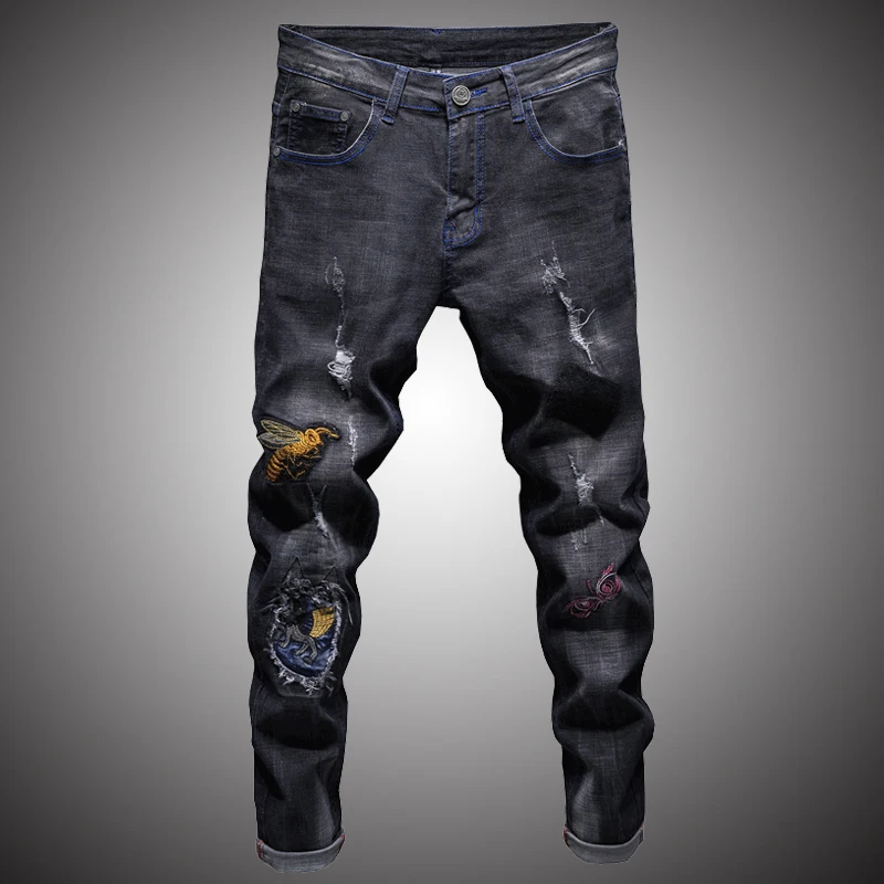 Men's Embroidery Casual Black Jeans 2019 Men Sknny Slim Fit Hole Ripped Distressed Jeans Denim Pants Vintage Trousers WY261
Men's Embroidery Casual Black Jeans 2019 Men Sknny Slim Fit Hole Ripped Distressed Jeans Denim Pants Vintage Trousers WY261