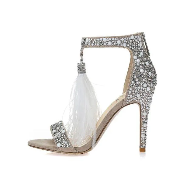 

Moraima Snc Crystal Embellished High heel Sandal Sexy Open Toe Feather Tassel Woman Wedding Shoe Ankle Strap Summer Dress Heels