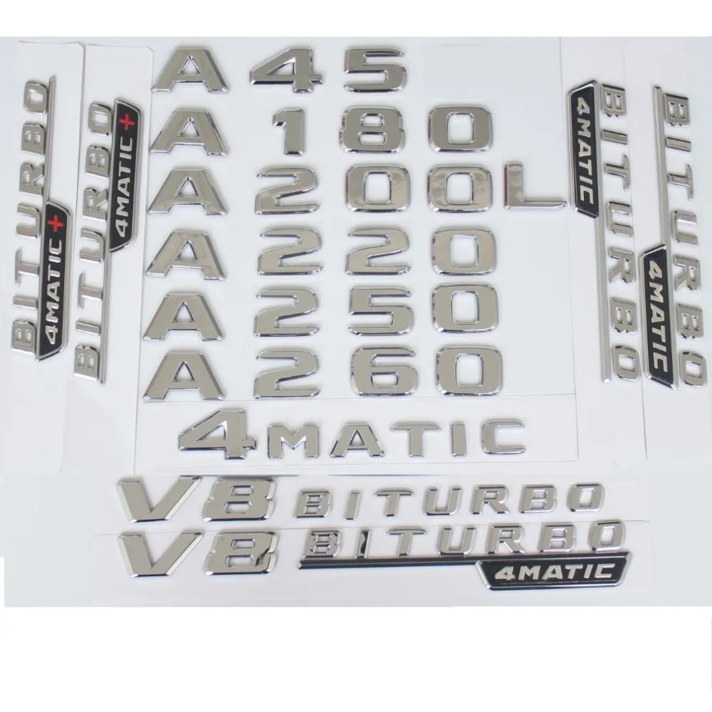 

Flat Chrome Rear Trunk Letters Badge Badges Emblem Emblems for Mercedes Benz A45 AMG A180 A200 A250 A260 V8 BITURBO 4MATIC W176