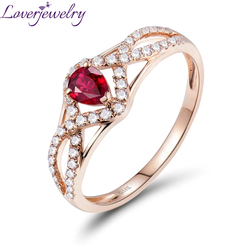 

LOVERJEWELRY Genuine Ruby Rings Real 14KT Rose Gold Pear Red Ruby Gemstone Diamonds Ring For Women Engagement Party Gifts Jewel