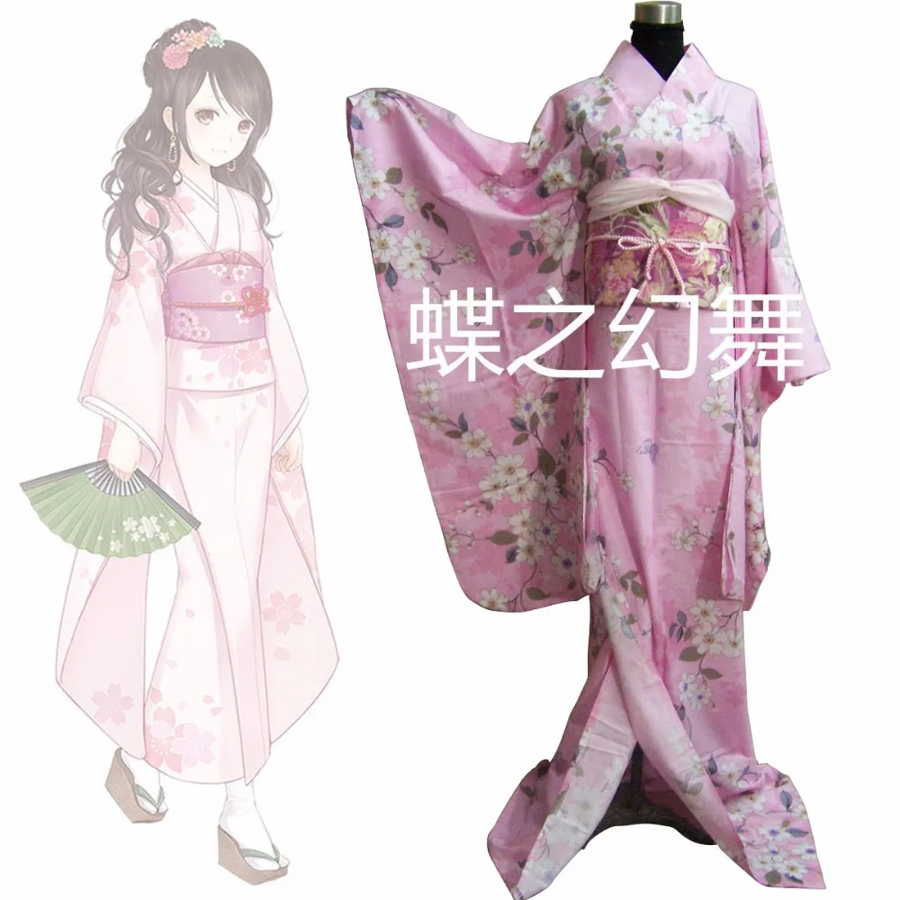 

Japanese Women Pink Floral Long Furisode Kimono Traditional Cosplay Costume