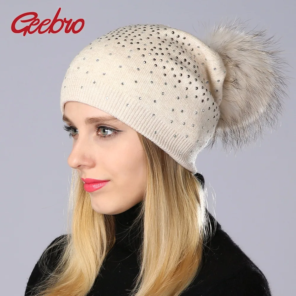 

Geebro Brand Women's Pompons Hats Winter Warm Knitting Raccoon Fur Pom Pom Beanie Hat for Women Pompom Rhinestones Beanies DQ049