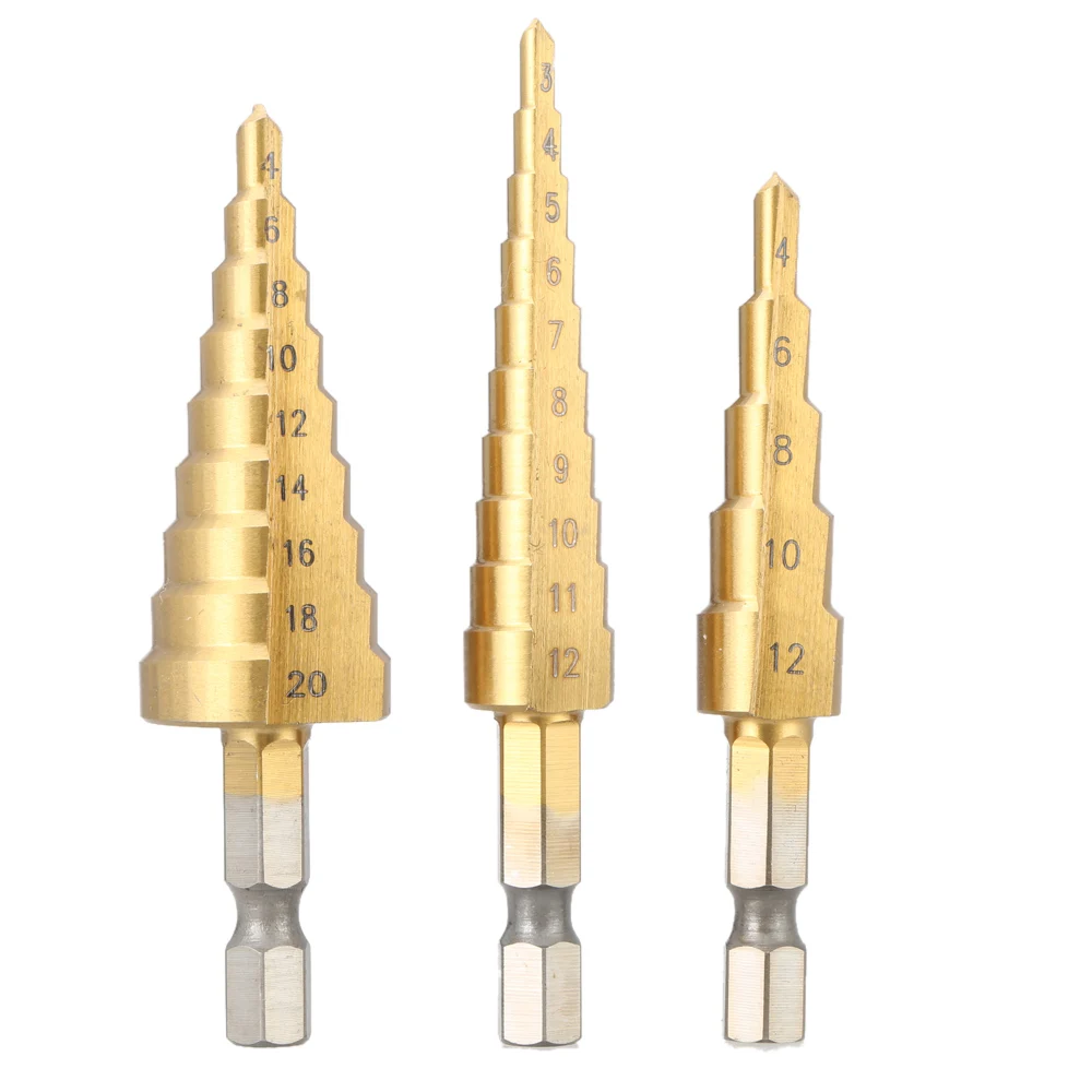 3 Pcs/set HSS Titanium Coated Straight Flute Step Drill Bits Essential Hardware Tool Pagoda Drill Bit Set 3-12mm 4-12mm 4-20mm
3 Pcs/set HSS Titanium Coated Straight Flute Step Drill Bits Essential Hardware Tool Pagoda Drill Bit Set 3-12mm 4-12mm 4-20mm