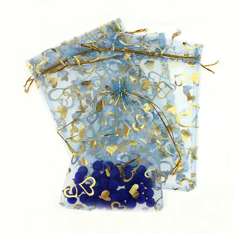 

17*23cm 100pcs Light Blue Gold Heart Gift Bags For Jewelry/wedding/christmas Yarn Bag With Handles Packaging Organza Bags