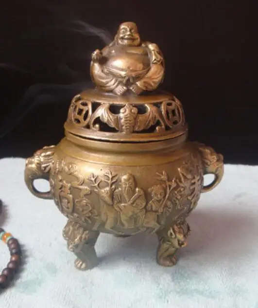 

China collectible archaize brass Sitting Buddha lid Fu lu shou incense burner