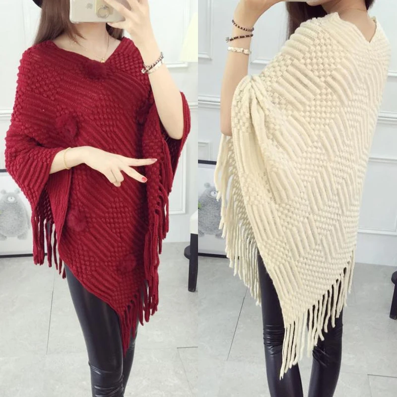 Пальто накидка Femme Knit Batwing с v образным вырезом Прямая поставка пончо кисточками