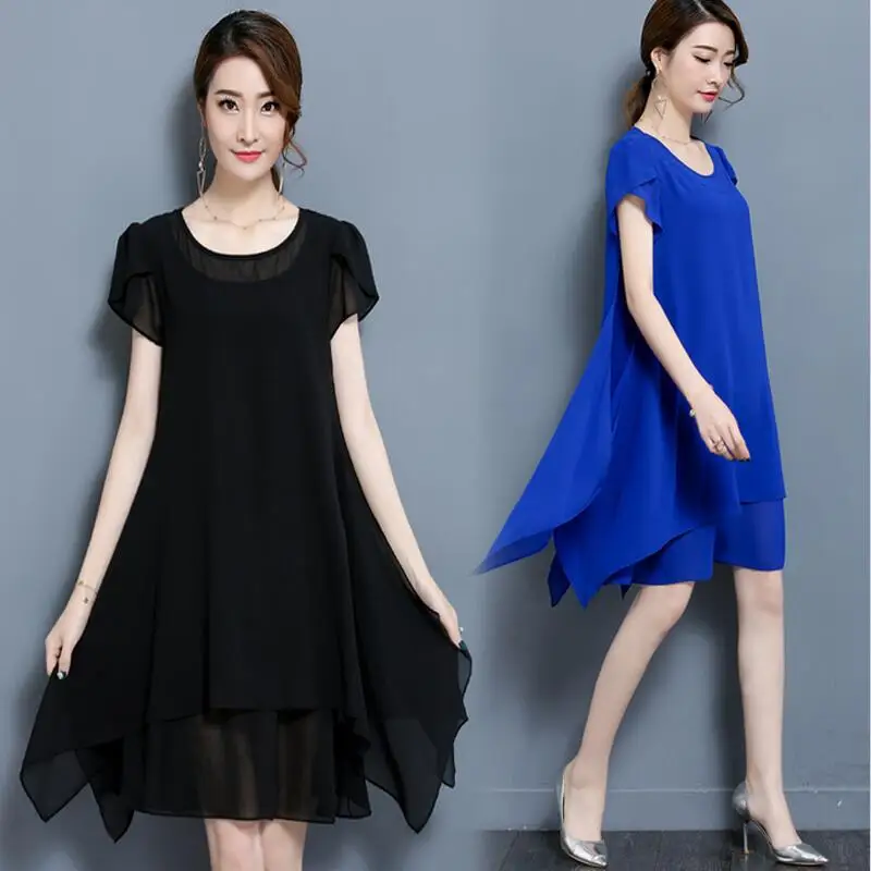 Two Layer Chiffon Dress Female Elegant Casual Loose Short Sleeves Dress Woman Pure O-neck Dress Black
Two Layer Chiffon Dress Female Elegant Casual Loose Short Sleeves Dress Woman Pure O-neck Dress Black