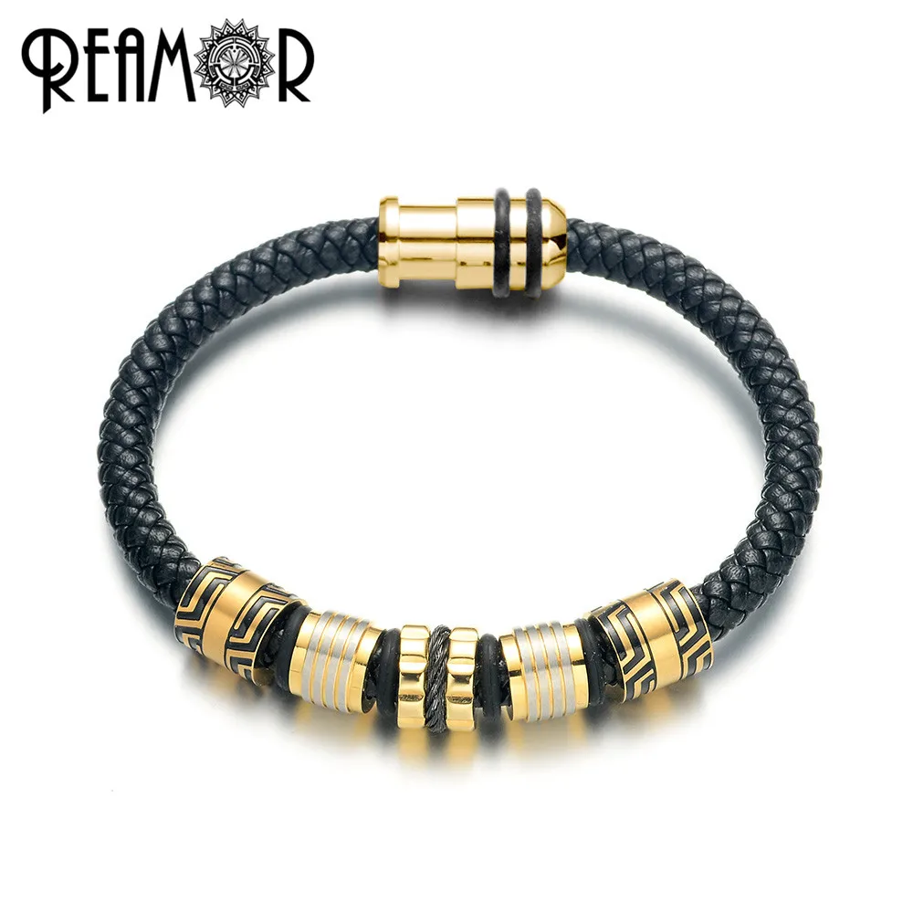 REAMOR Fashion CNC Bead Leather Bracelets Gold Color Stainless Steel Beads Bangles Top Quality Handmade Bracelet Men Jewelry
REAMOR Fashion CNC Bead Leather Bracelets Gold Color Stainless Steel Beads Bangles Top Quality Handmade Bracelet Men Jewelry