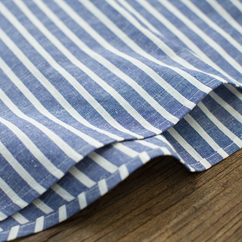 APOENGE autumn summer cotton and linen shirt dress blue stripe long sleeve loose in large plus size Linen LZ186 |
