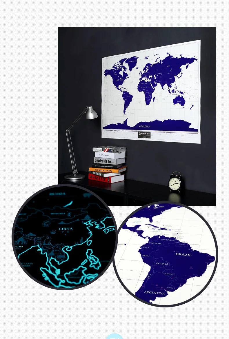 Night Luminous Scratch Map Fluorescent Starlight World Personalized Travel Vacation Home Decor Gift Double Side Wall Sticker | Дом и сад