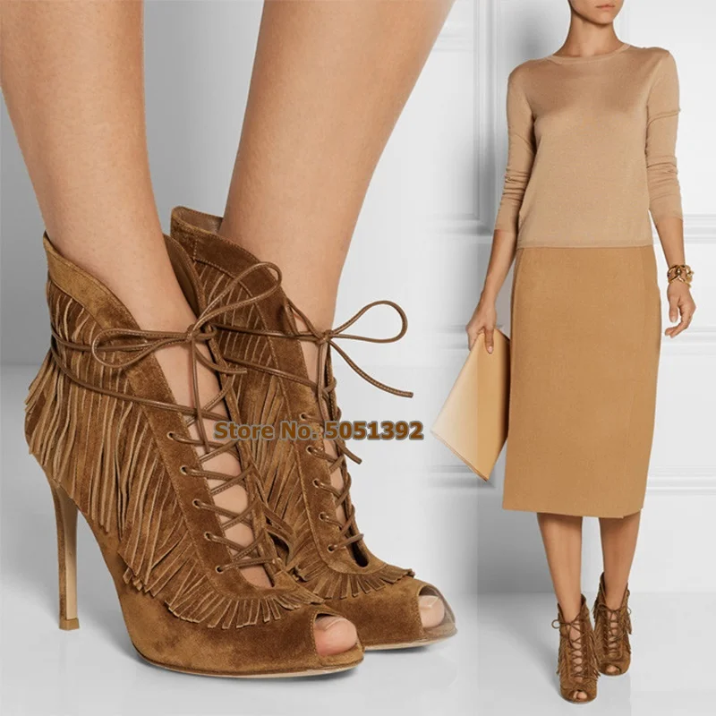 Suede Fringe Cross-tied Lace-up Stiletto Sandals Women High Heel Peep Toe Summer Short Boots Fashion Tassel Large Size
Suede Fringe Cross-tied Lace-up Stiletto Sandals Women High Heel Peep Toe Summer Short Boots Fashion Tassel Large Size