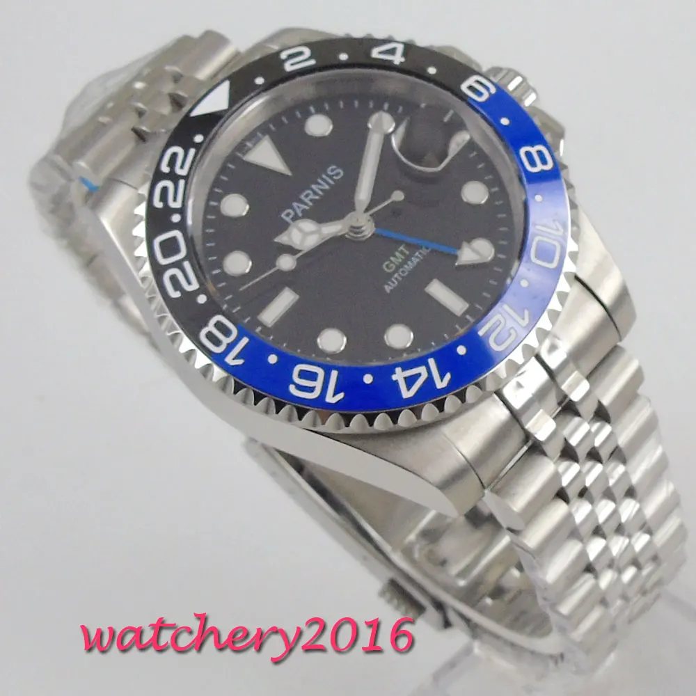 40mm Parnis Mechanical Watches Black Blue Ceramic Bezel black dial GMT luminous marks sapphire glass automatic Mens Watch
40mm Parnis Mechanical Watches Black Blue Ceramic Bezel black dial GMT luminous marks sapphire glass automatic Mens Watch