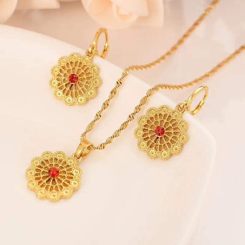 Fashion Jewelry 18 k Fine Solid Gold GF CZ Core Red crystal Earrings Body Flower Pendant France chain as women girls kids Gift
Fashion Jewelry 18 k Fine Solid Gold GF CZ Core Red crystal Earrings Body Flower Pendant France chain as women girls kids Gift