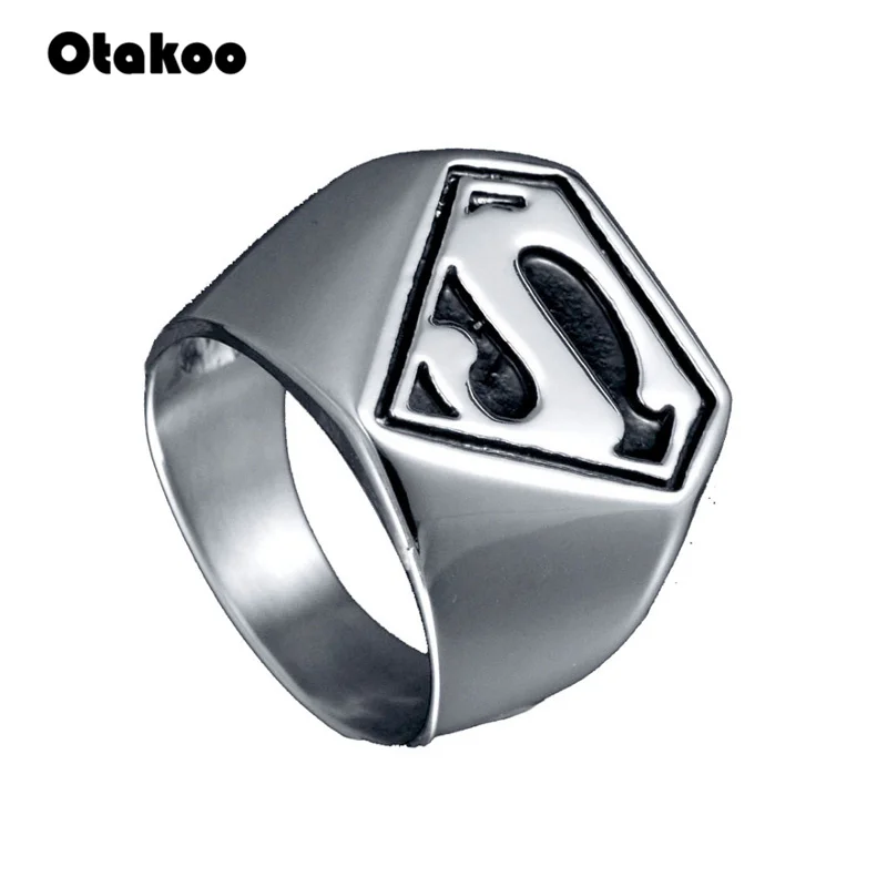 Otakoo silver black-color Men Ring Fashion Cool Punk Motor Biker Superman Rings Stainless steel Batman Band Christmas party gift | Украшения