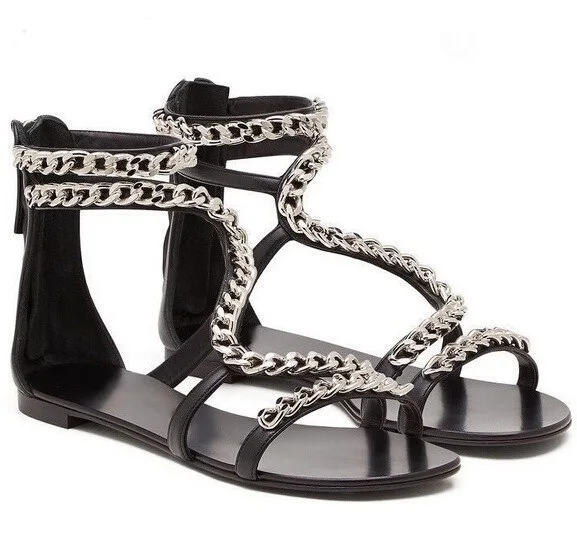 Newest Summer Solid Black Silver-Tone Chain Decoration Flat Sandals Women Fashion Round Toe Back Zipper Casual Shoes
Newest Summer Solid Black Silver-Tone Chain Decoration Flat Sandals Women Fashion Round Toe Back Zipper Casual Shoes