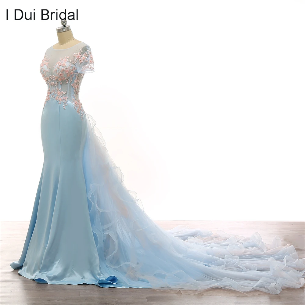 Light Blue Wedding Dresses Detachable Ruffle Train Short Sleeve Ceremony Dress Beaded See Through Corset Real Photo High End
Light Blue Wedding Dresses Detachable Ruffle Train Short Sleeve Ceremony Dress Beaded See Through Corset Real Photo High End