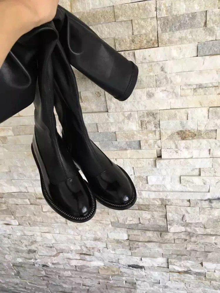 2018 Ins Hot Autumn Winter Shoes Woman Leather Over The Knee Stretch Boots Chain Low Heels Round Toe Woman Shoes Casaul Boots