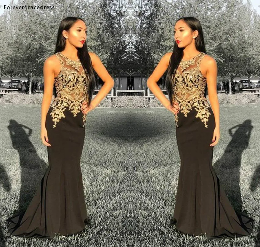 Фото 2019 Дешевое Черное длинное платье для выпускного вечера русалка Золотая