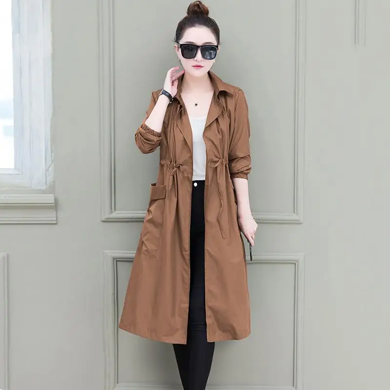 

Women Classic Solid Long Trench Coat Female Casual Loose Thin Trench Sashes England Style Turndown Collar Outerwear 2019 D227