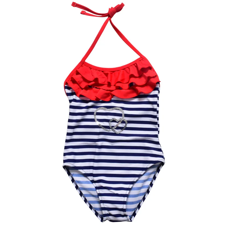 New Girls One Piece Swimsuits Striped Falbala Collar Cute Swimming Suits Children Swimwear Summer Kids Bathing 5-14Y | Спорт и