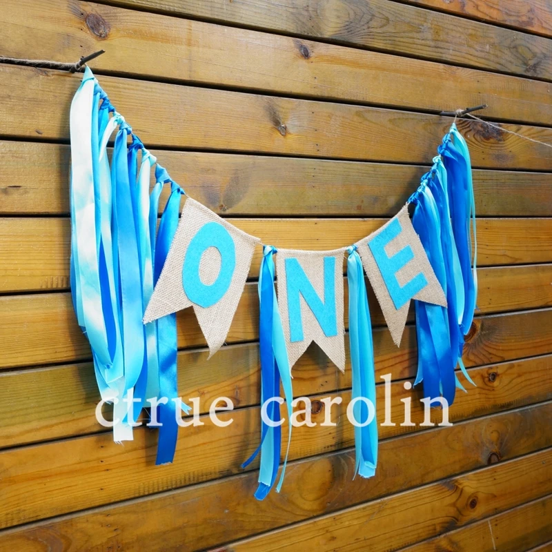 

1set blue ribbon Banner flags party garland boy baby shower bunting boy First Birthday party flag 1st Birthday Party Decoration