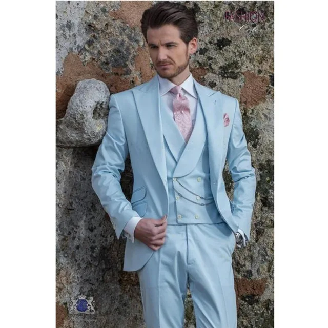 Light Sky Blue Groom Tuxedos Custom Made Peak Lapel Groomsmen Wedding Tuxedos High Quality Mens Prom Suits (Jacket+Pants+Vest)
Light Sky Blue Groom Tuxedos Custom Made Peak Lapel Groomsmen Wedding Tuxedos High Quality Mens Prom Suits (Jacket+Pants+Vest)