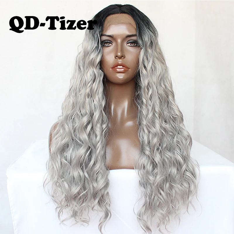 Плотность 180% серые синтетические парики QD Tizer с эффектом омбре Длинные свободные